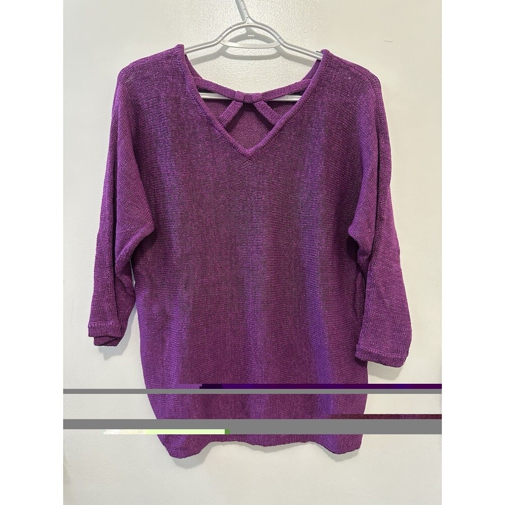 Chico’s 1 Medium Purple Open Back Criss Cross Knit 3/4 Sleeve Sweater